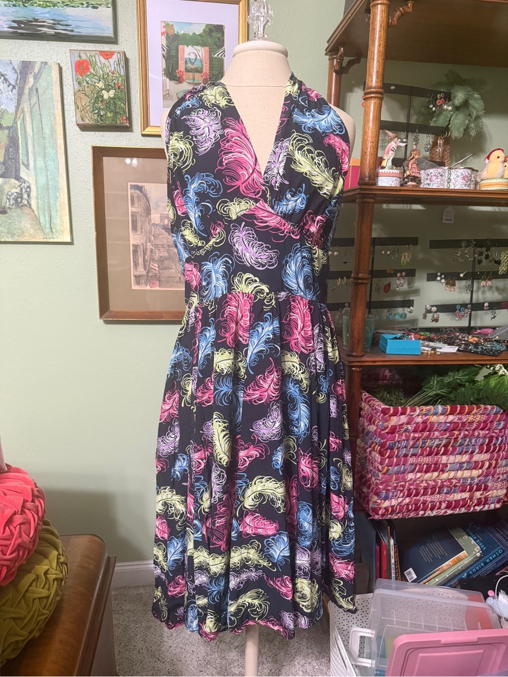 Trashy Diva Black One-Shoulder Dress with Pink, Blue and Yellow Feather Print